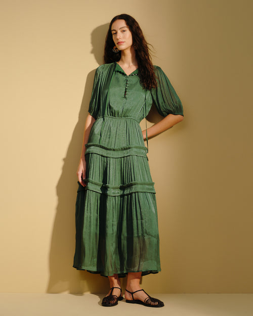 Maxi Vestido largo tela satinada Esmeralda