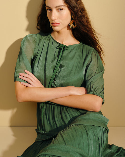 Maxi Vestido largo tela satinada Esmeralda Hover