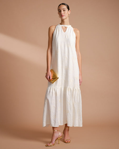 Vestido halter largo en tela bordada Anais