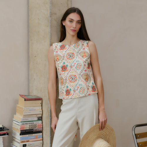 Blusa con lino estampado Celeste/le