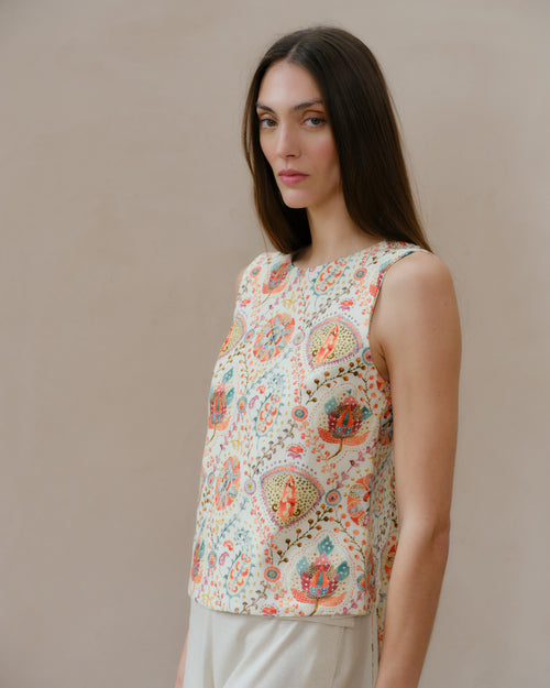 Blusa con lino estampado Celeste/le Hover