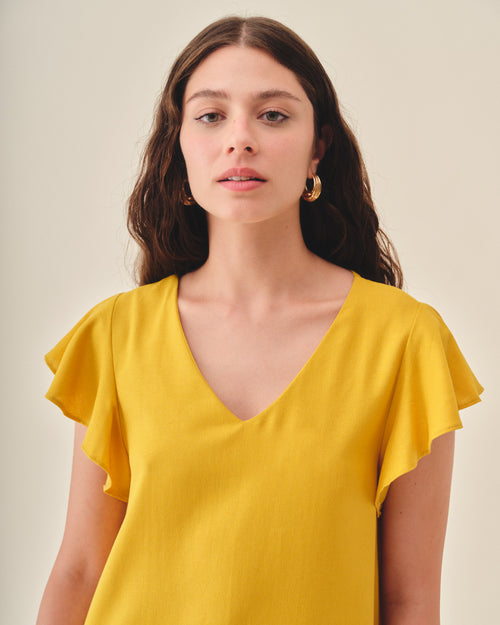 Vestido corto fluido con lino Alba Hover