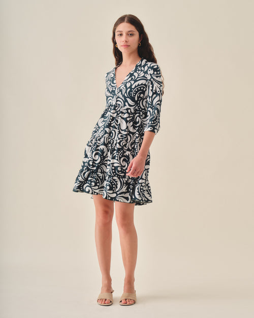 Vestido corto manga 3/4 estampado damasco Severina/ol