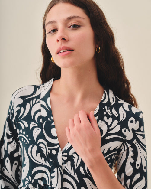 Vestido corto manga 3/4 estampado damasco Severina/ol Hover