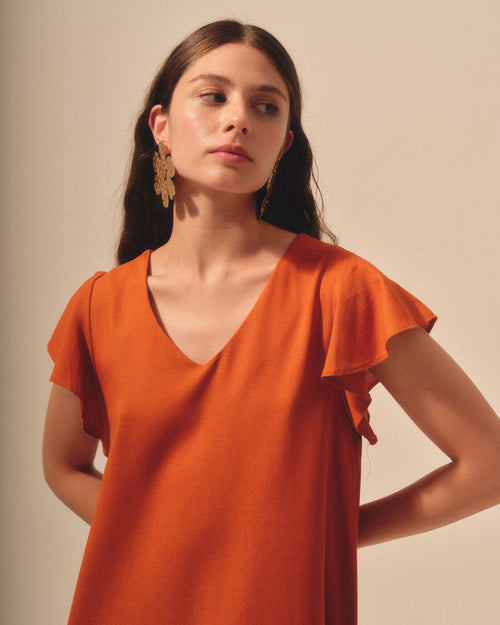 Vestido corto fluido con lino Alba Hover