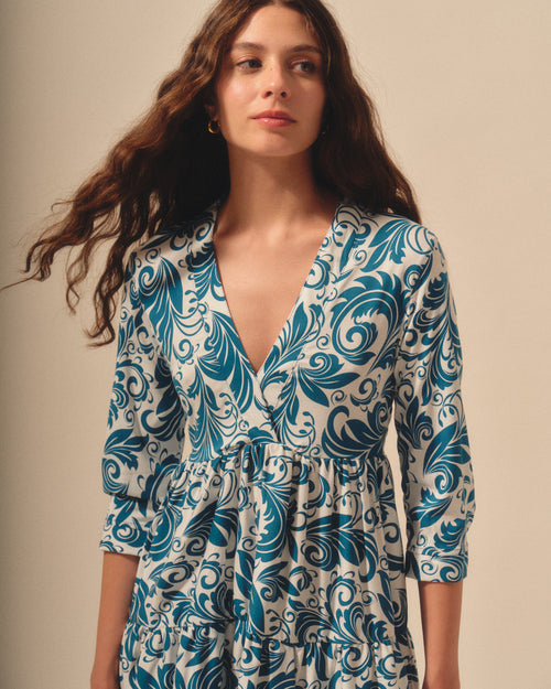 Vestido corto manga 3/4 estampado damasco Severina/ol Hover