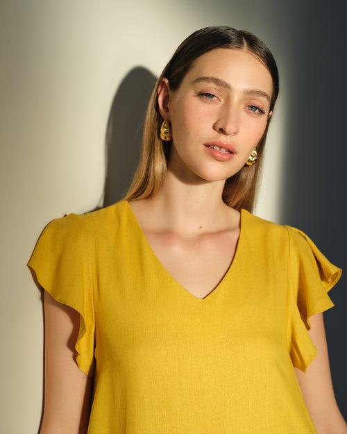 Vestido corto fluido con lino Alba Hover