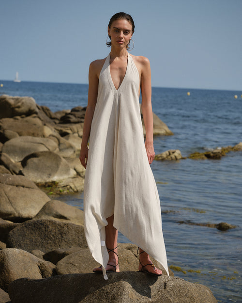 Maxi vestido halter con lino Talia