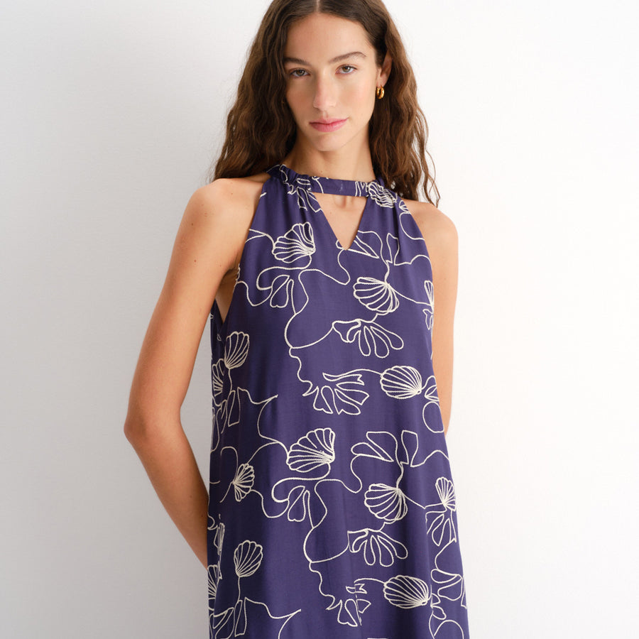 Vestido halter largo en tela bordada Anais