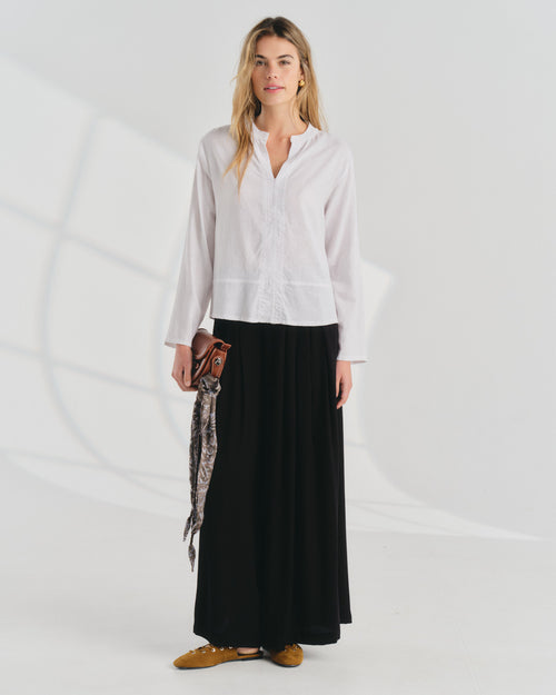 Blusa con lino manga larga cuello mao Silvana