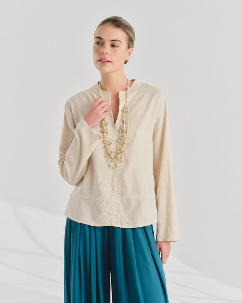 Blusa con lino manga larga cuello mao Silvana