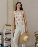 Blusa con lino estampado Celeste/le