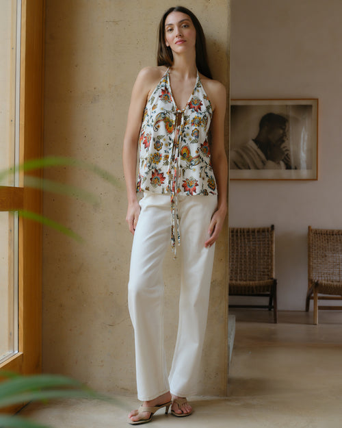 Blusa halter con lino estampado Damaris