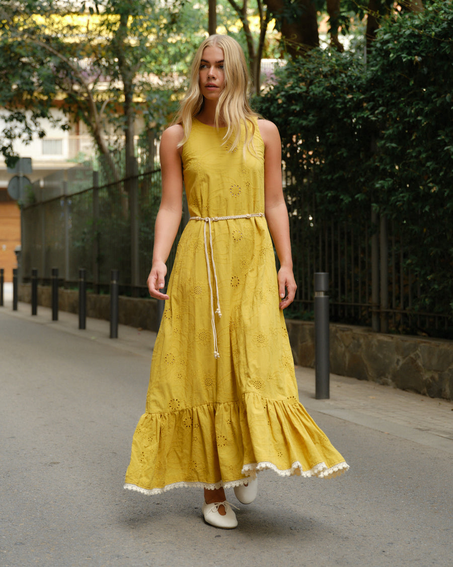 Vestido largo de tela bordada Megan