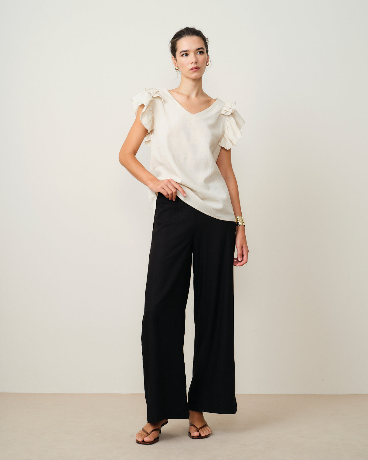 Pantalon con lino corte recto Sahara