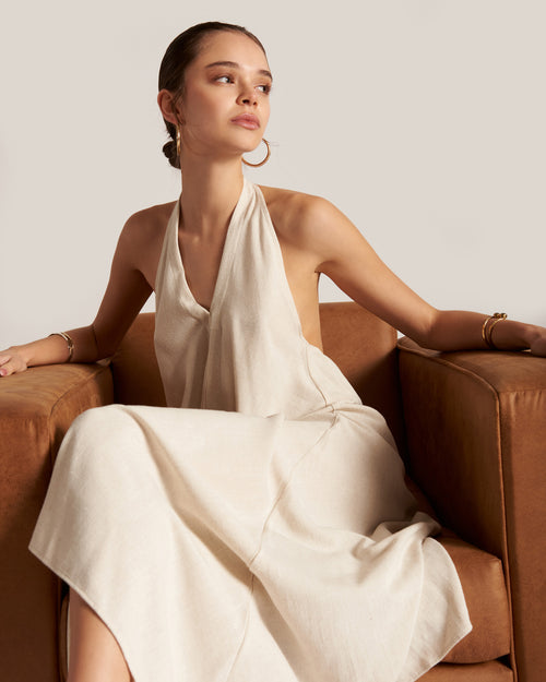 Maxi vestido halter con lino Talia Hover